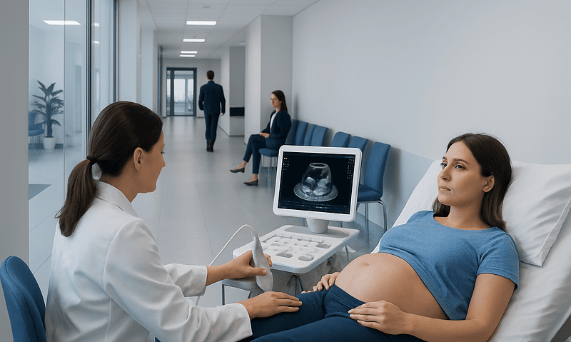 Pregnant woman having an ultrasound at Acibadem Hospital.