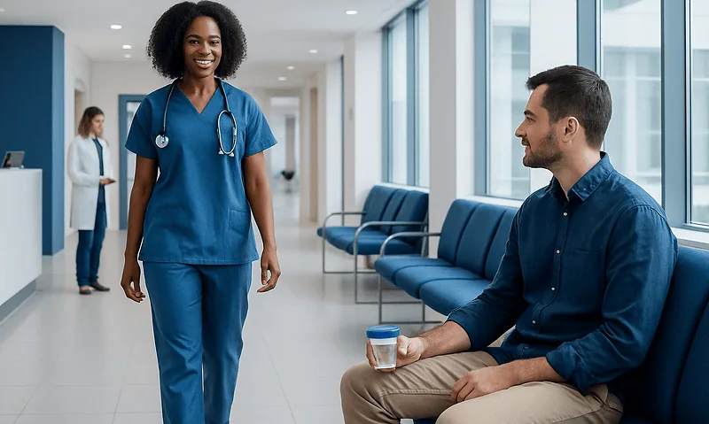 Healthcare professional smiling at patient in hospital corridor.