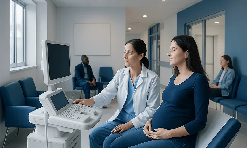 Pregnant woman undergoing ultrasound at Acibadem Hospital.