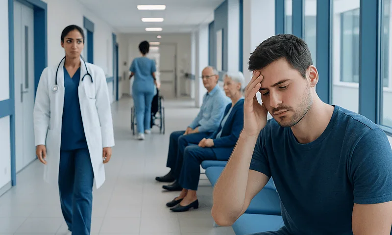 Patient experiencing headache in hospital corridor with medical staff nearby.