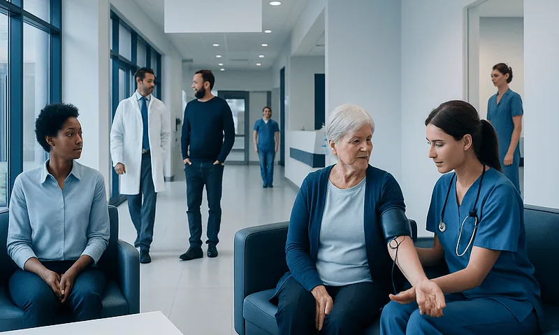 Healthcare professionals and patients in a hospital corridor at Acibadem Hospitals Group.