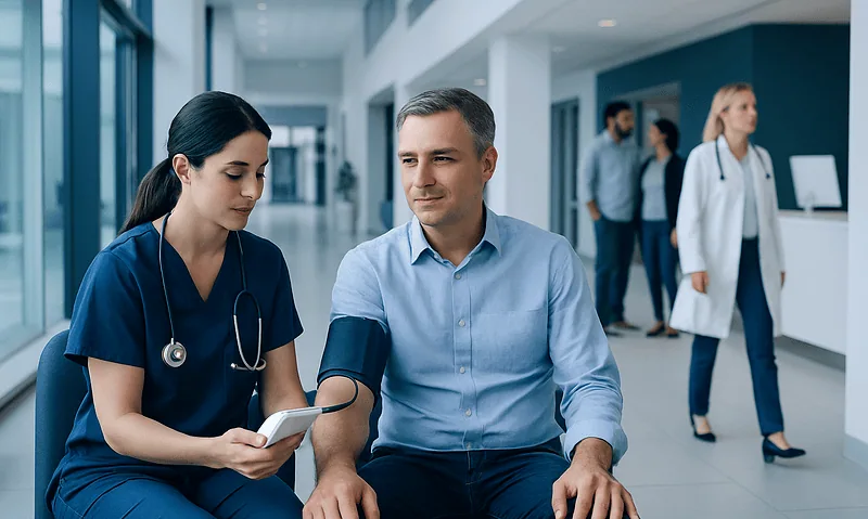 Doctor measuring blood pressure of a male patient in hospital corridor.