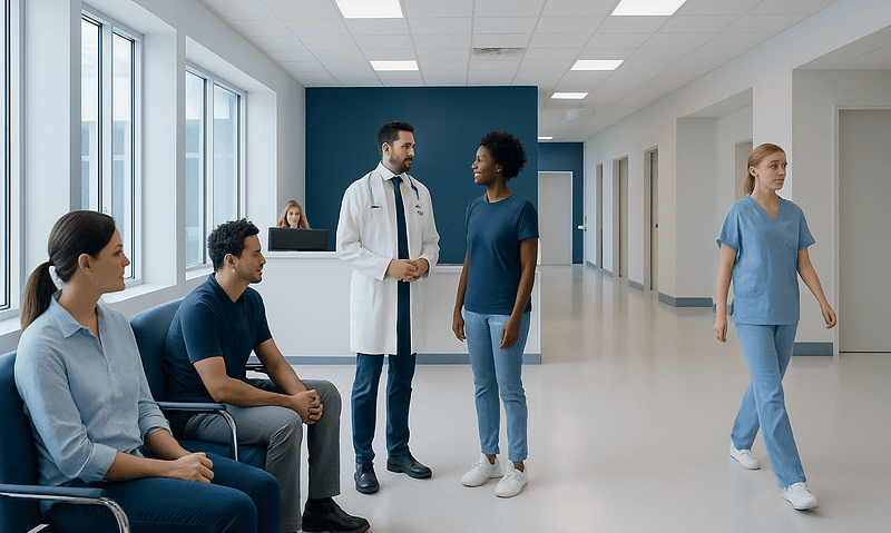 Doctor consulting with patient in hospital corridor.