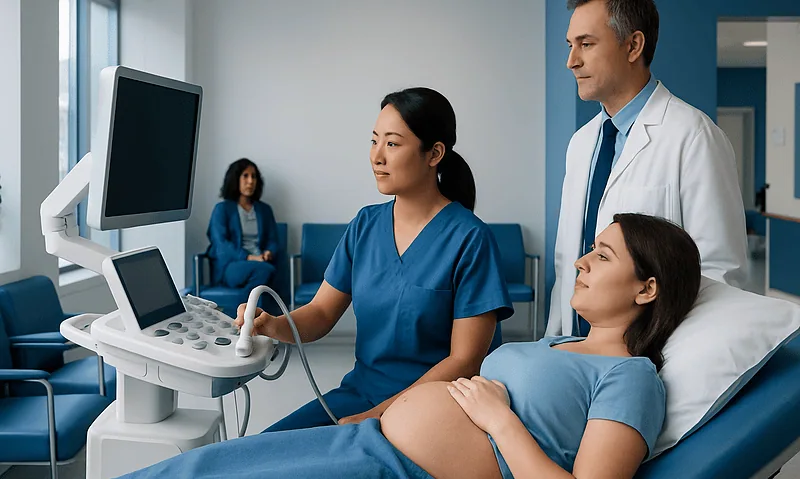 Pregnant woman undergoing ultrasound at Acibadem Hospital with medical staff.