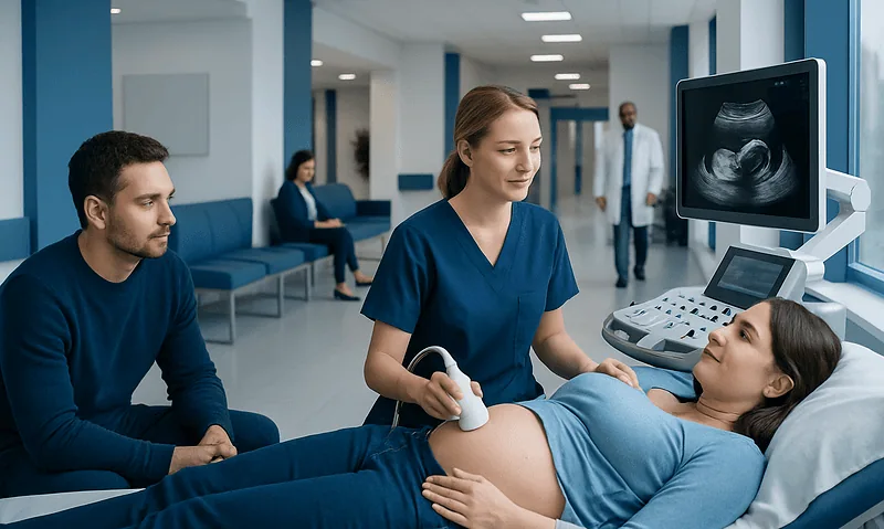 16 Week Ultrasound: What Patients Need to Know 6 Pregnant woman undergoing ultrasound at Acibadem Hospital.