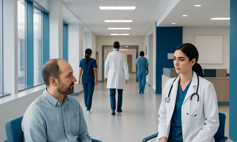 Patient consulting with a doctor in a modern hospital corridor.