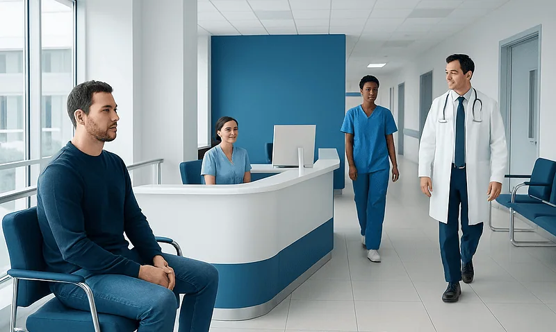 Medical consultation in a modern hospital with doctors and patients.