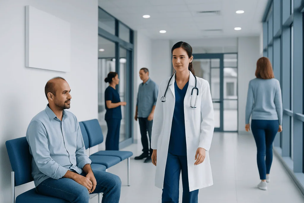 5000 Grafts Hair Transplant: Coverage, Cost Factors, and What to Expect 1 Healthcare professional consulting patient in modern hospital corridor.