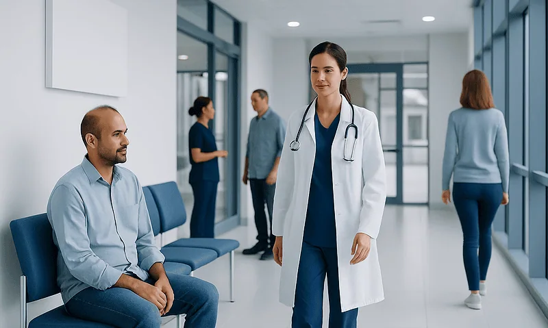 Healthcare professional consulting patient in modern hospital corridor.