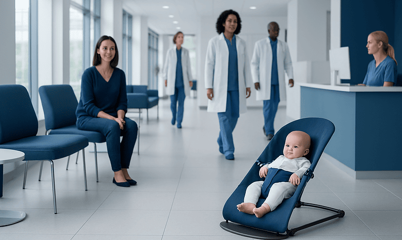 Baby in a bouncer chair at a hospital waiting area with medical staff nearby.