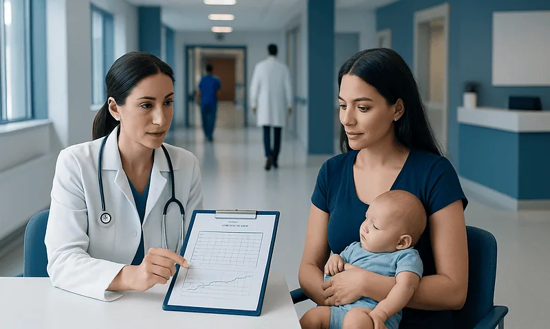 Doctor consulting with mother and baby in hospital setting.