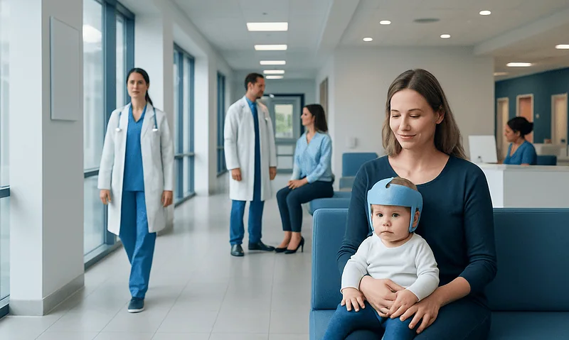 Child with helmet in hospital waiting area with medical staff nearby.