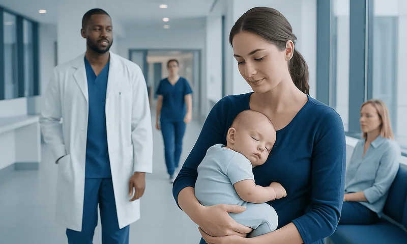 Mother holding sleeping baby in hospital corridor with medical staff nearby.