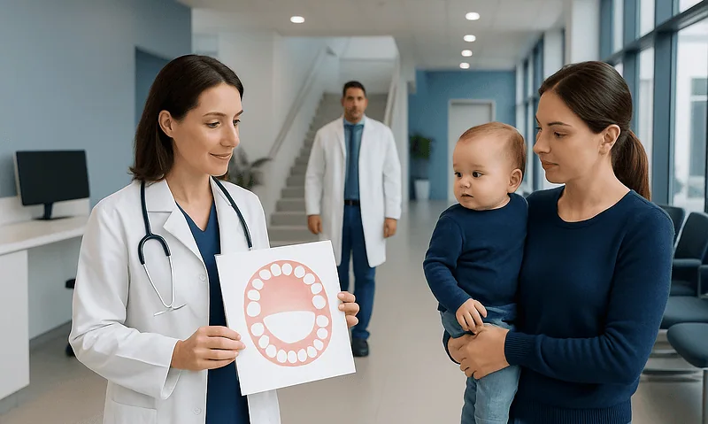 Pediatric dentist explaining baby teeth to mother and child in clinic.
