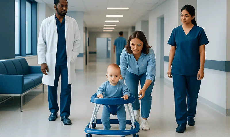 Child in a walker with medical staff in hospital corridor.