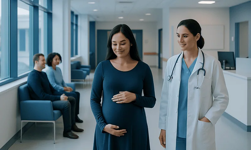 Pregnant woman with doctor in hospital corridor during prenatal check-up.