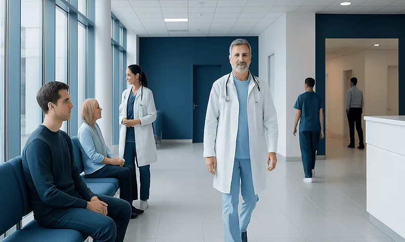 Medical staff and patients in a modern hospital corridor at Acibadem Hospitals Group.