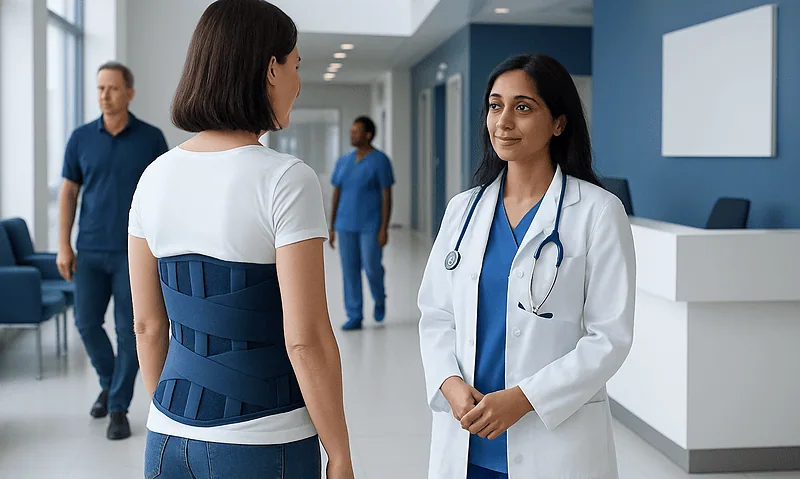 Patient consulting with a doctor in a hospital corridor.