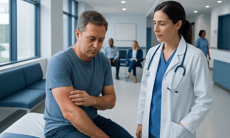 Doctor examining a patient with a skin rash in a hospital corridor.