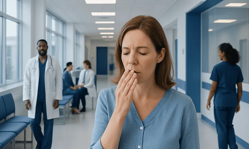 Woman experiencing nausea in hospital corridor with medical staff nearby.