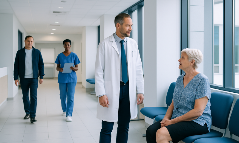 Doctor talking to elderly patient in hospital corridor with medical staff in background.
