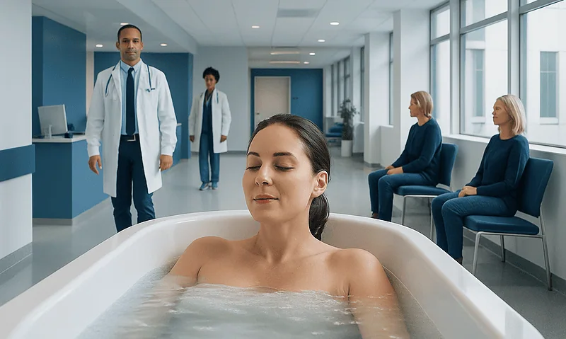 Patient enjoying a relaxing bath in a hospital spa at Acibadem Hospitals Group.