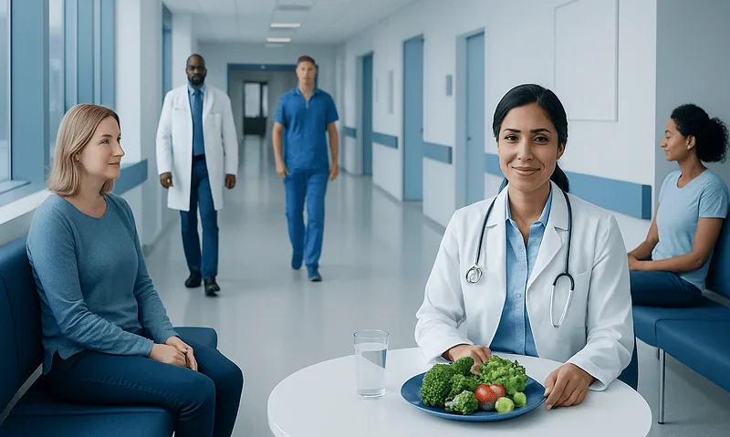 Healthcare professionals and patients in a hospital corridor with a doctor at a table.