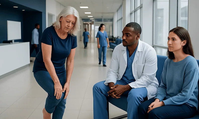 Patient experiencing foot pain with healthcare professionals in hospital corridor.