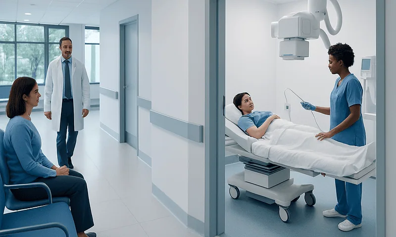 Medical staff preparing patient for a diagnostic imaging procedure at Acibadem Hospital.