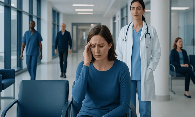 Barometric Pressure Headache Explained: Common Triggers and Red Flags 7 Woman with headache in hospital waiting area with medical staff nearby.