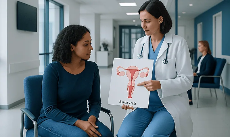 Doctor explaining uterine diagram to patient in a hospital setting.