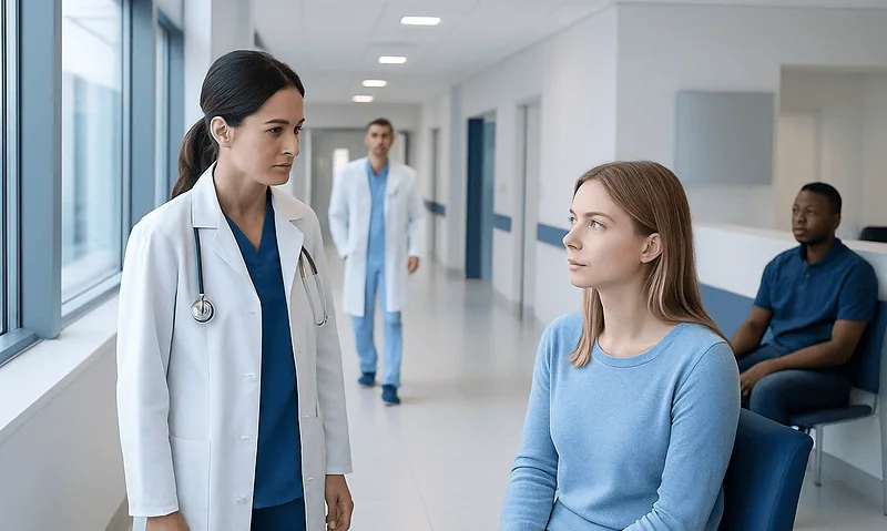 Doctor consulting a patient in a hospital corridor at Acibadem Hospitals Group.