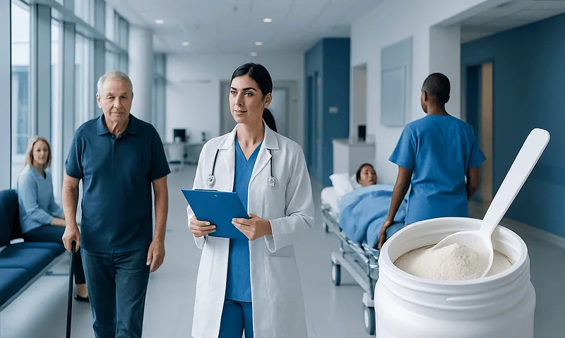 Doctor and patients in hospital corridor with supplement image.