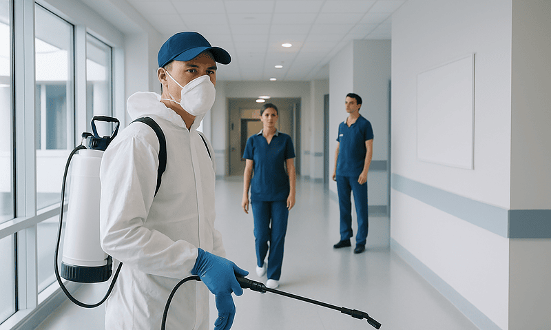 Healthcare professionals disinfect hospital corridor for infection control.