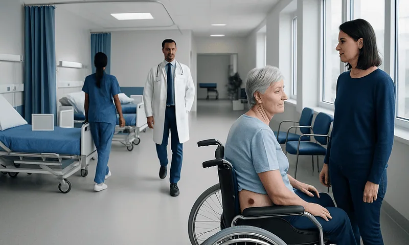 Hospital scene with elderly patient in wheelchair and medical staff.