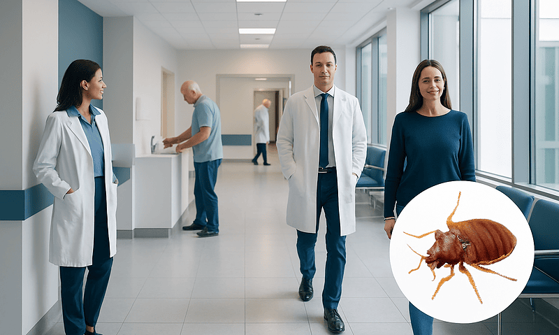 Bedbug: An Evidence-Based Guide for Patients 18 Medical professionals in a hospital corridor with a bedbug illustration.