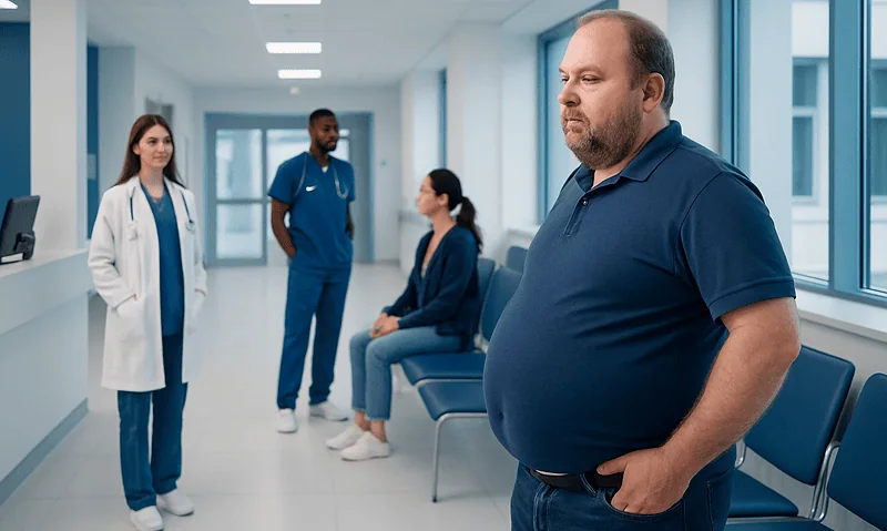 Patient with obesity waiting in hospital corridor with medical staff nearby.