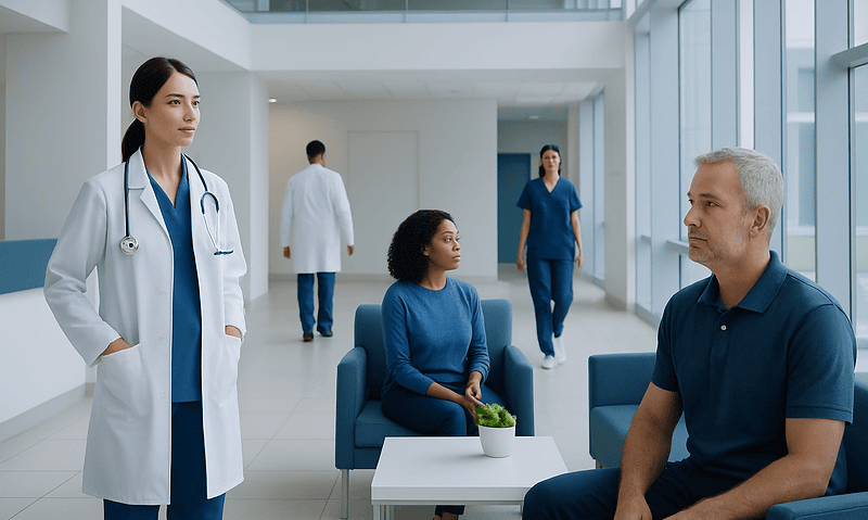 Medical consultation in a modern hospital with healthcare professionals and patient.