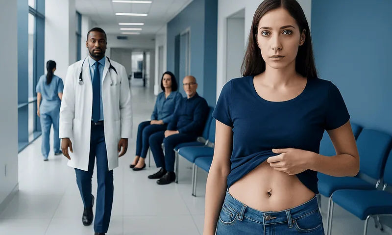 Young woman with belly button piercing in hospital corridor.