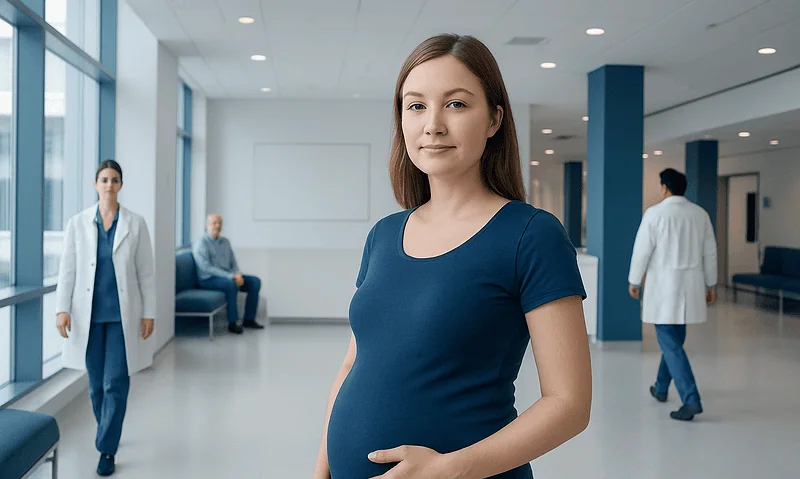 Pregnant woman in hospital corridor with medical staff in background.