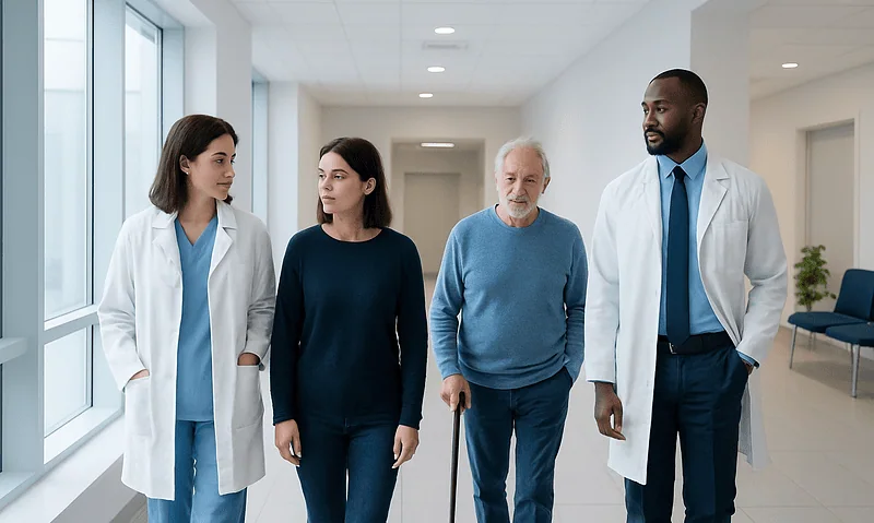 Benign neoplasm: Symptoms, Causes, and Treatment — Complete Patient Guide 6 Medical team walking with patient in hospital corridor.