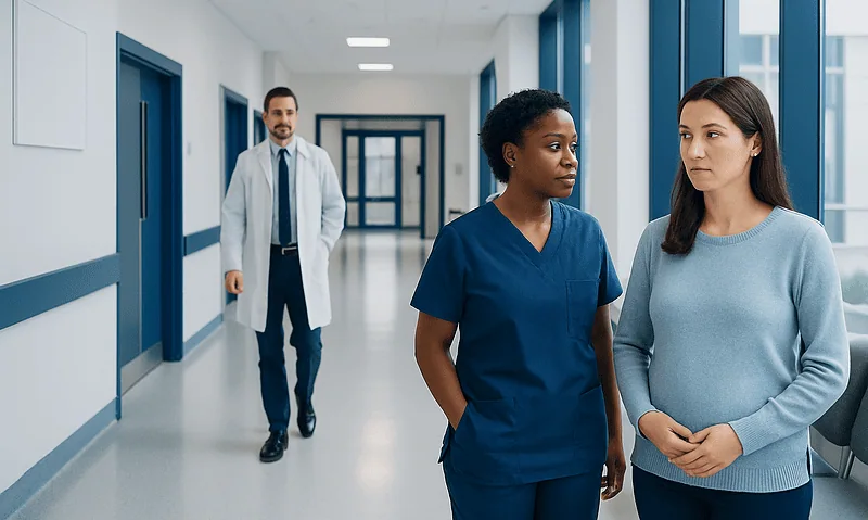 Healthcare professionals discussing patient care in hospital corridor.