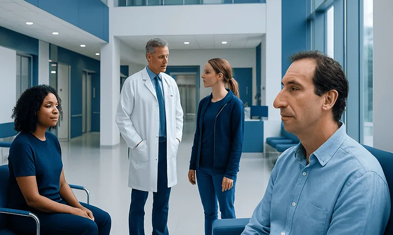 Medical consultation at Acibadem Hospital with diverse patients and doctors.