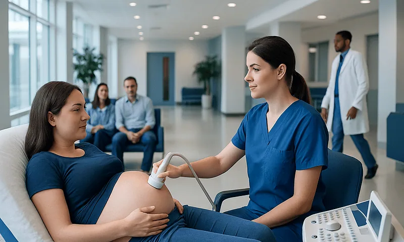 Pregnant woman undergoing biophysical profile ultrasound at hospital.