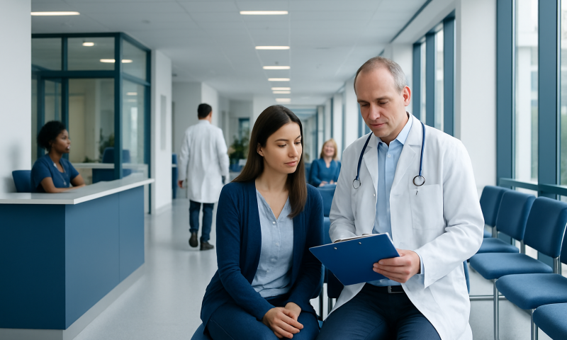 Doctor consulting with a patient in a modern hospital corridor.