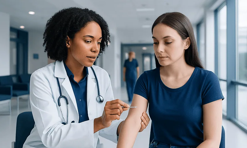 Doctor administering birth control implant to patient in clinic.
