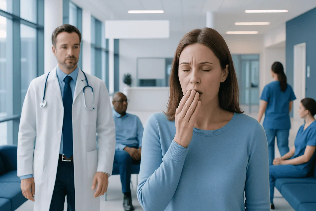 Bitter Taste in Mouth: An Evidence-Based Guide for Patients 1 Woman experiencing a bad taste in mouth at hospital visit.