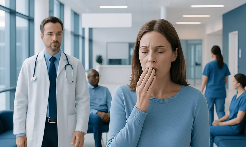 Woman experiencing a bad taste in mouth at hospital visit.