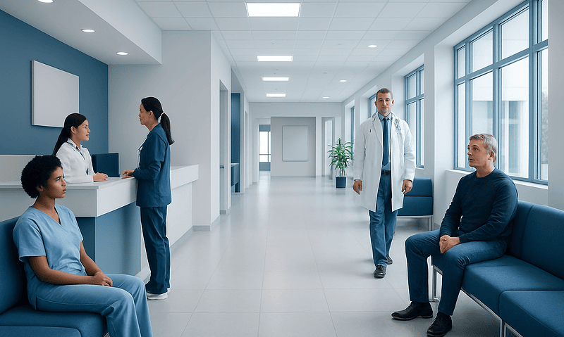 Hospital waiting area with patients and medical staff in a modern healthcare facility.