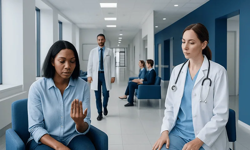 Patient consulting with doctor in hospital corridor.
